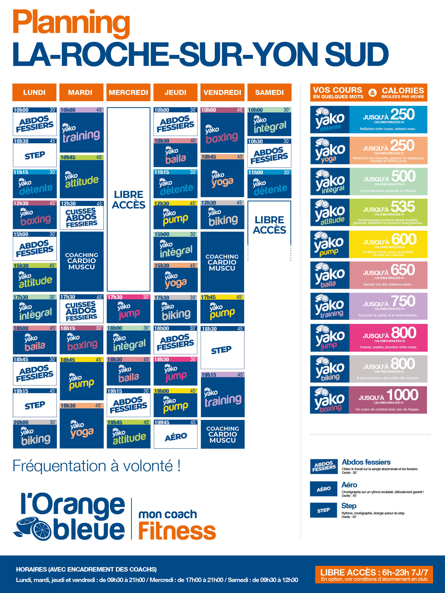 planning salle de sport l'Orange bleue La Roche sur Yon