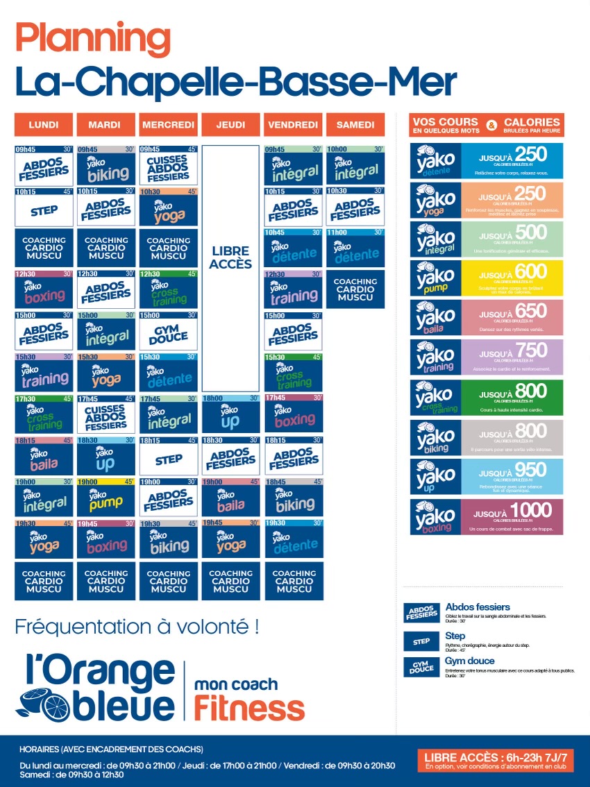 planning salle de sport l'Orange bleue La Chapelle Basse Mer