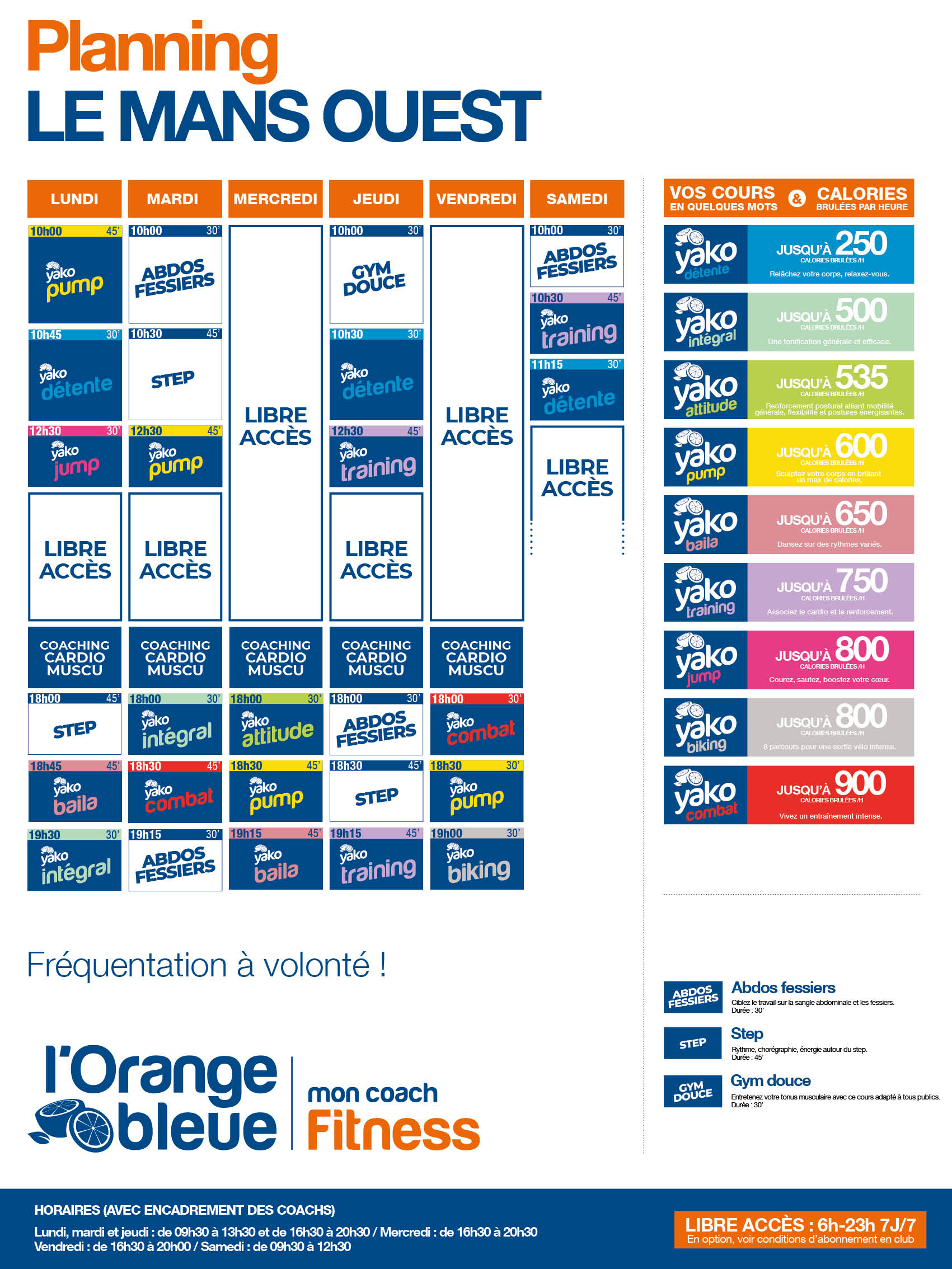 planning salle de sport l'Orange bleue Le Mans Ouest