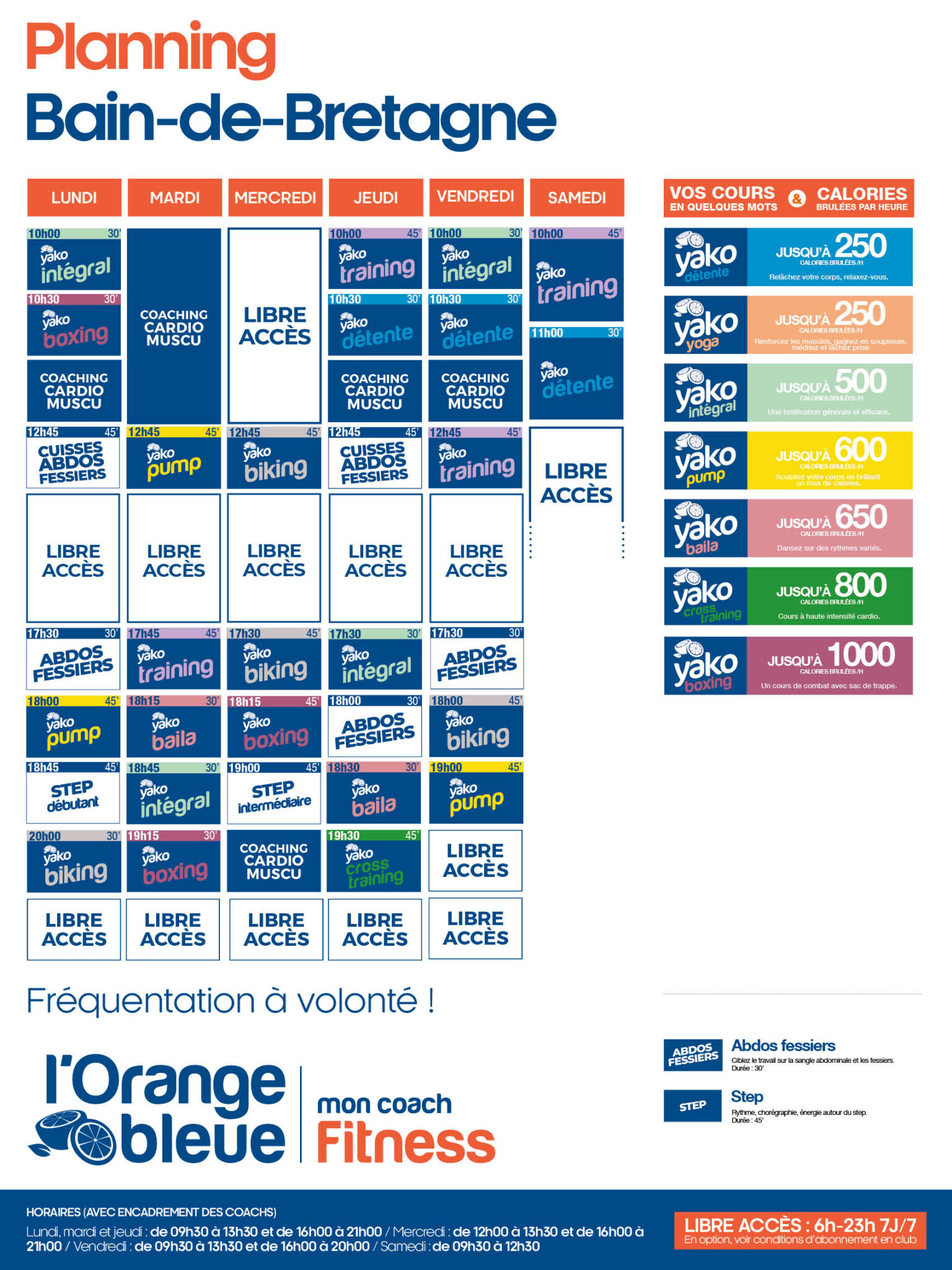 planning salle de sport l'Orange bleue Bain de bretagne