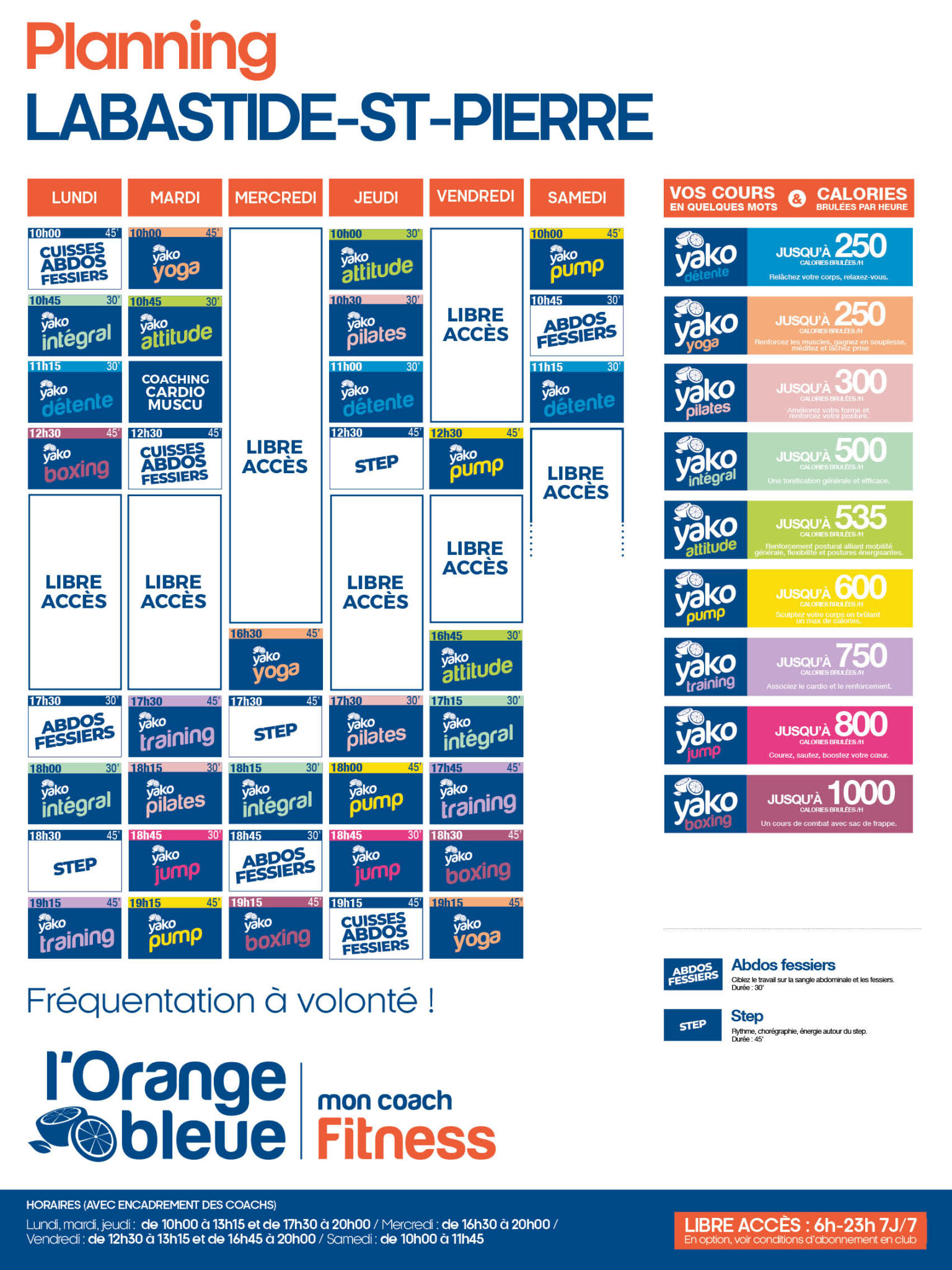 planning salle de sport l'Orange bleue Labastide St Pierre